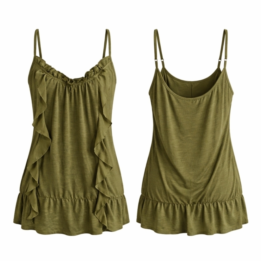 Xhiliration Olive Green Ruffle Trim Women's Top